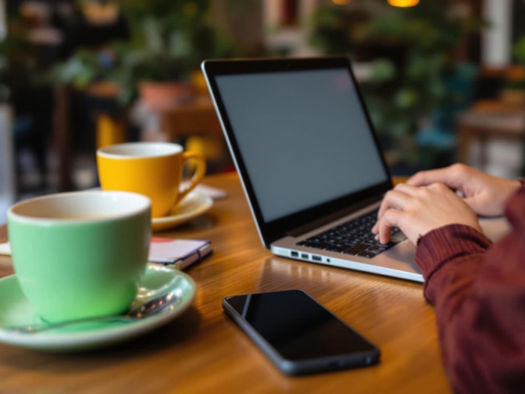 Persoană lucrând la laptop într-o cafenea.