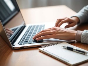 HotMail 18 Persoană scriind un email pe laptop cu un carnet.