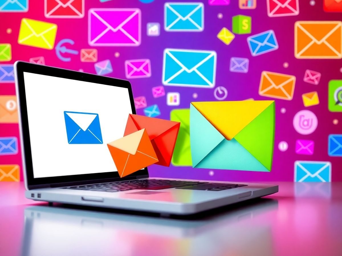 O scenă vibrantă cu marketing prin email și laptop.
