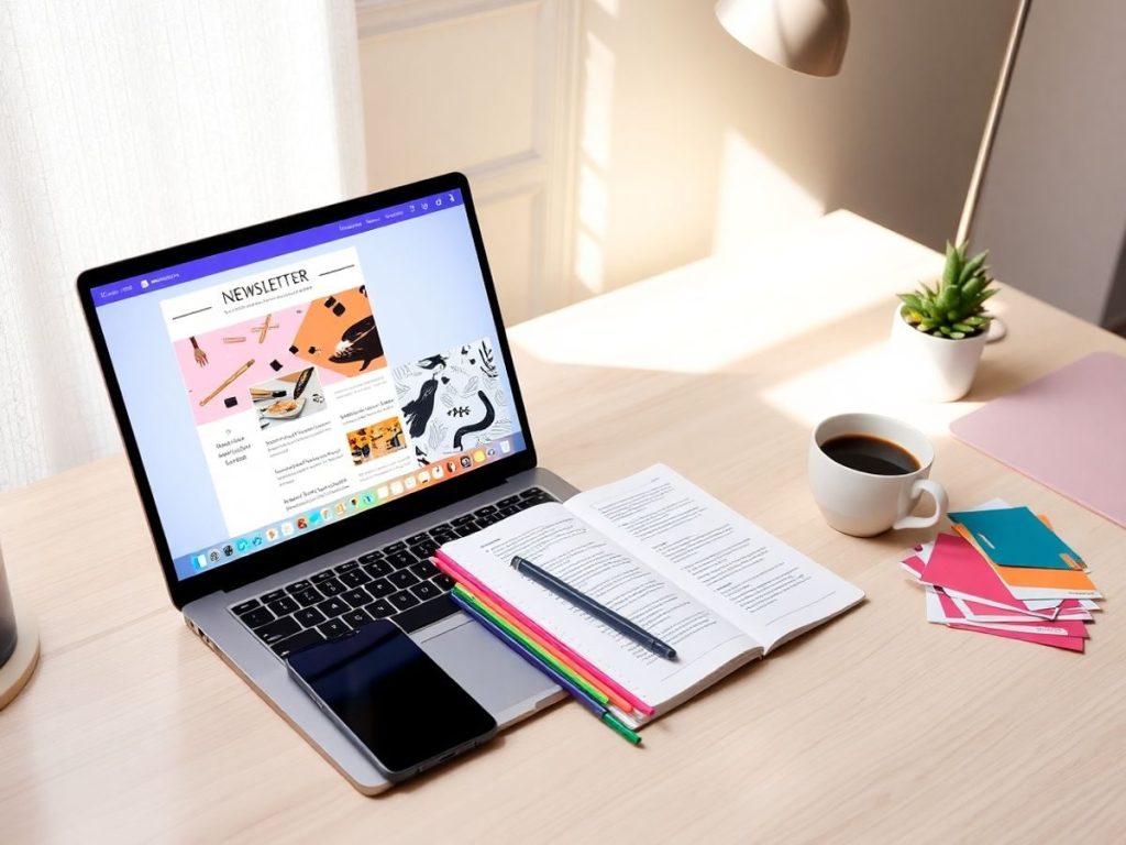 Birou luminos cu laptop, cafea aburindă și accente verzi elegante