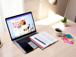 HotMail 21 Birou luminos cu laptop, cafea aburindă și accente verzi elegante