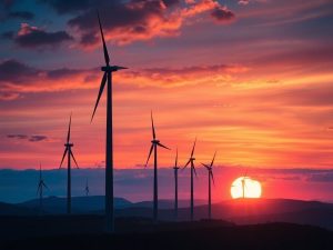 Turbine eoliene pe fundalul unui răsărit de soare vibrant.