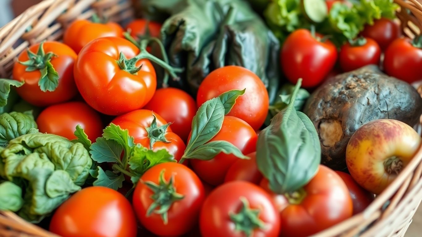 Coș de cumpărături plin cu fructe și legume proaspete.